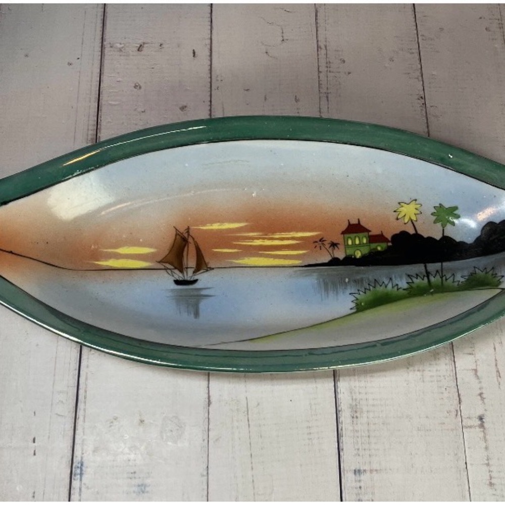 Vintage Hand-Painted Japan Coastal Serving Platter - Green Trim, Sunset Scene